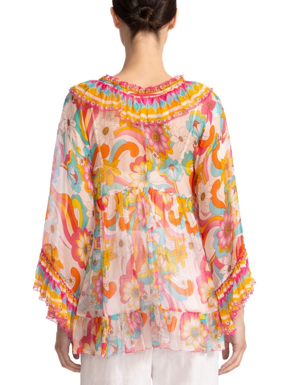 Silk Floral Boho Blouse Johnny Was Jade Gal Ruffle Tie Prismatic Dream XS - Picture 2 of 12